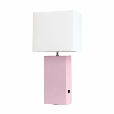 FEELTHEGLOW Modern Leather Table Lamp with USB & White Fabric Shade, Blush Pink FE2519842
